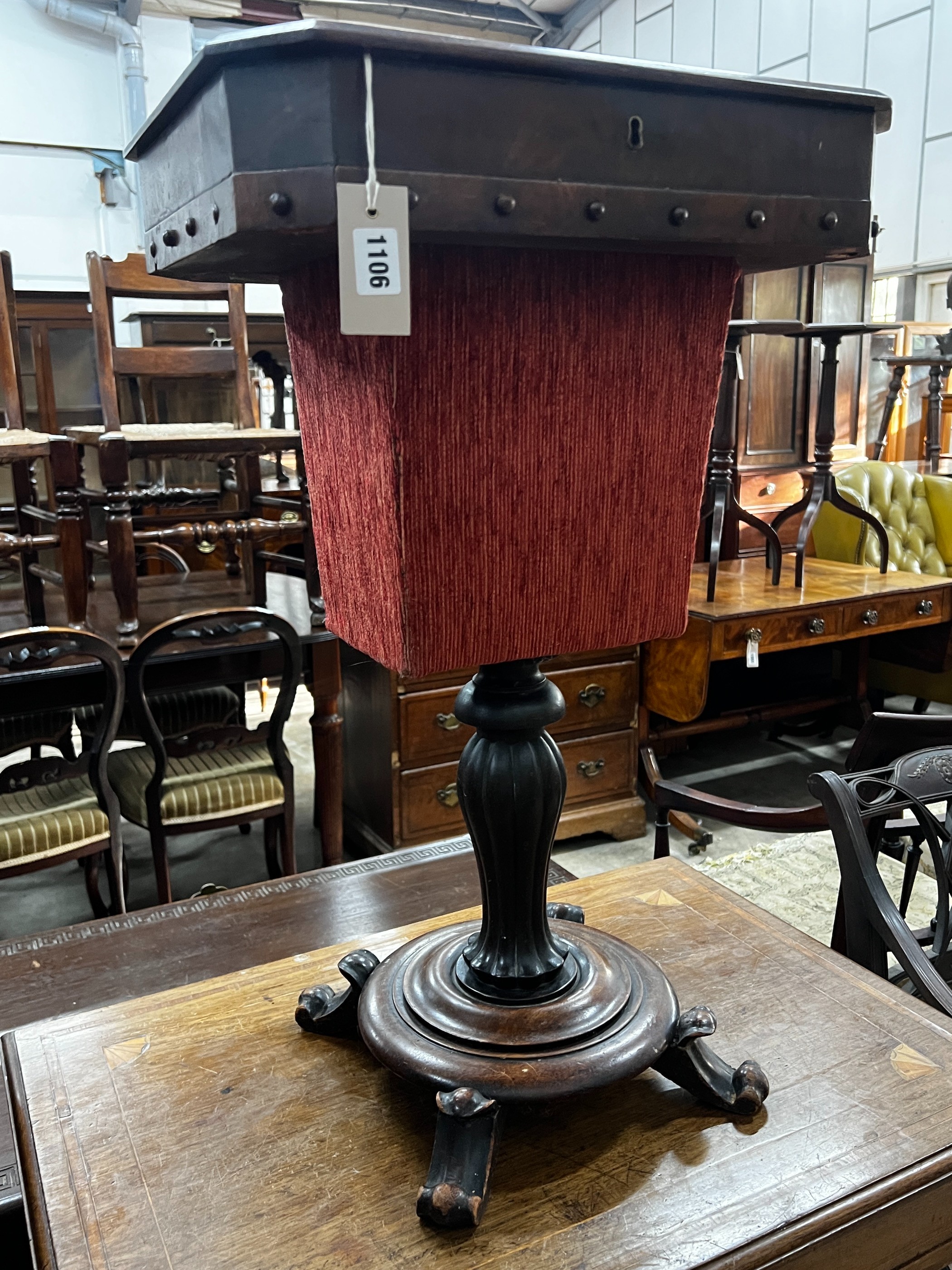 An early Victorian mahogany work table, width 45cm, depth 35cm, height 71cm